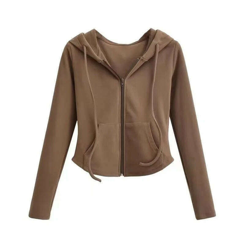 KIMLUD, Autumn Solid Cardigan Hoodies Zipper Tops Women Korean Spring Slim Long Sleeve Hooded Short Coat Y2k Vintage Student Sweatshirt, coffee / XXL, KIMLUD Womens Clothes