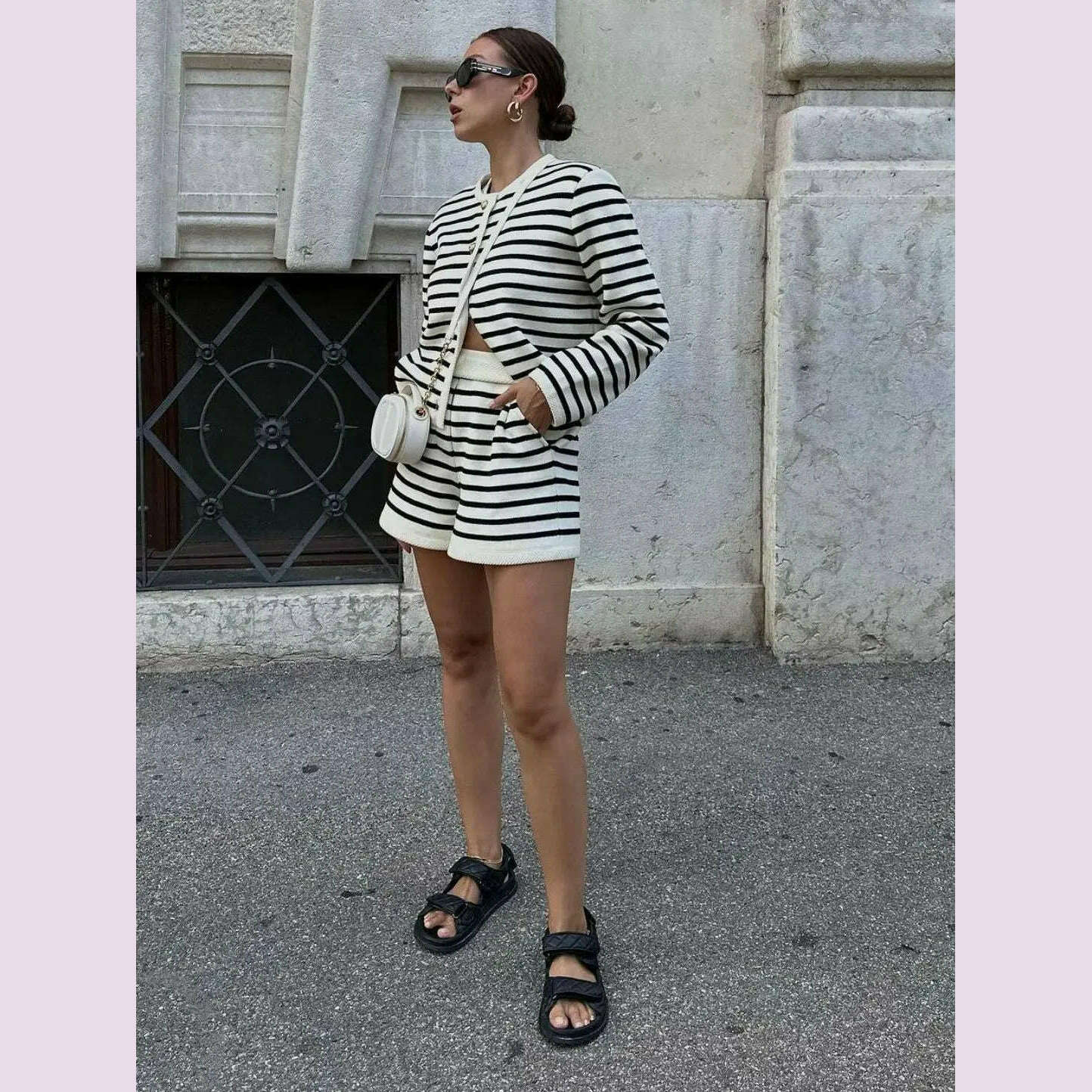 KIMLUD, Autumn Striped Single Breasted Knit Tops Shorts Women Sets Elegant Cardigan Sweater Two Piece Sets Womens Outifits Streetwear, KIMLUD Womens Clothes