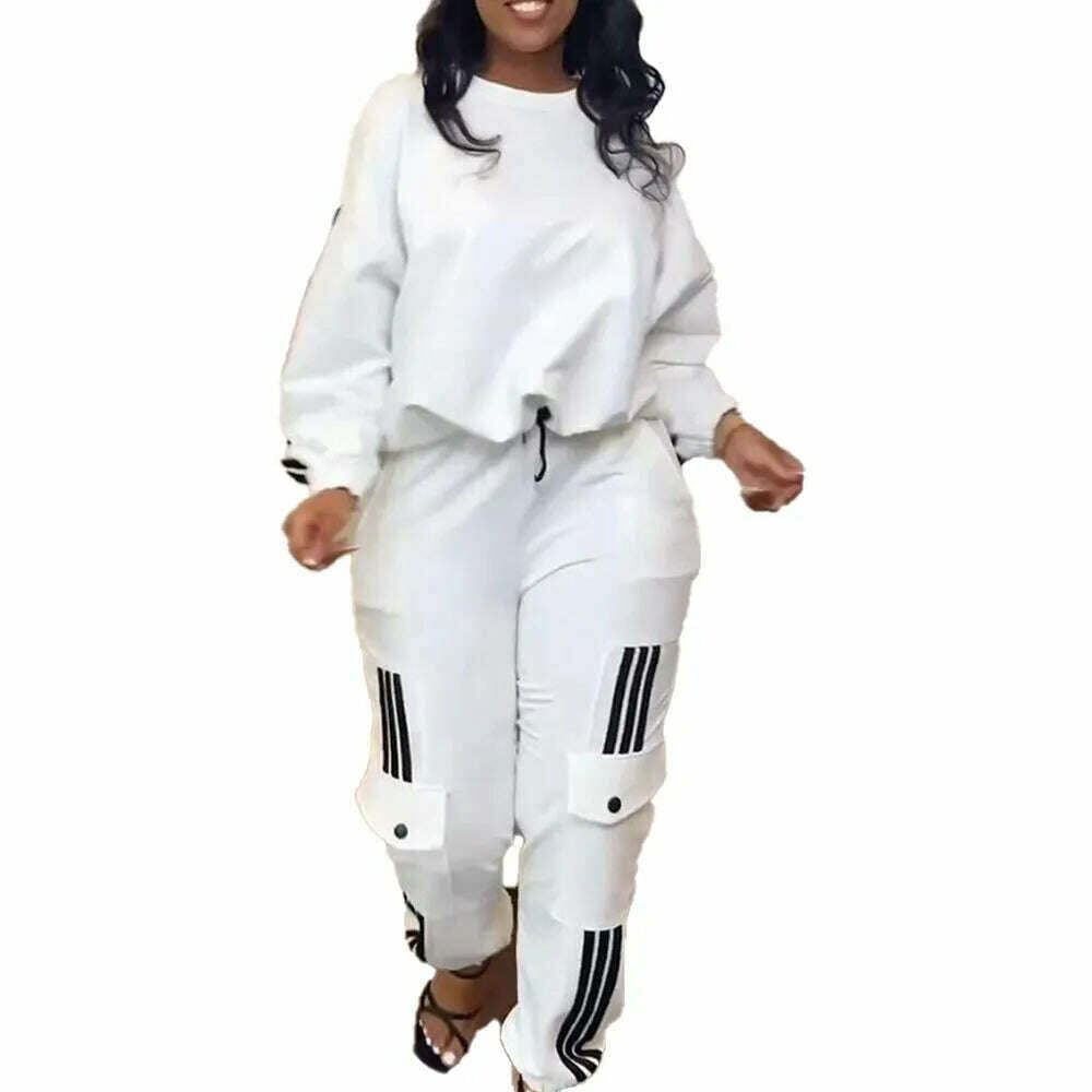 KIMLUD, Autumn Winter Casual Sport 2 Piece Set Women Solid Loose Fit Two Piece Outfit T Shirt Tops Jogger Pants Suit Women Tracksuit Set, WHITE / S, KIMLUD Womens Clothes