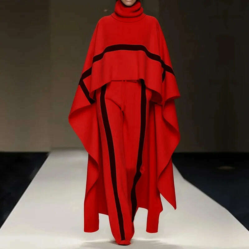 KIMLUD, Autumn Winter Cloak Top Two Pieces Sets, Women Casual Turtleneck Fashion Outfit, 2025 Simple Chic Pocket Patchwork Ladies Suits, 01 Red / S, KIMLUD APPAREL - Womens Clothes