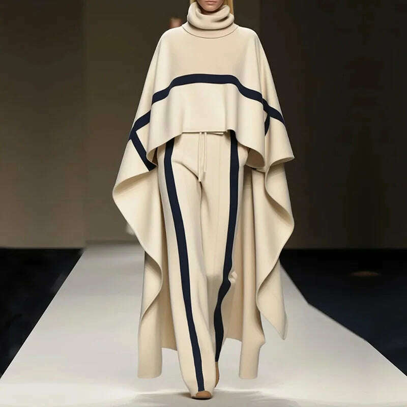 KIMLUD, Autumn Winter Cloak Top Two Pieces Sets, Women Casual Turtleneck Fashion Outfit, 2025 Simple Chic Pocket Patchwork Ladies Suits, 03 Beige / L, KIMLUD APPAREL - Womens Clothes