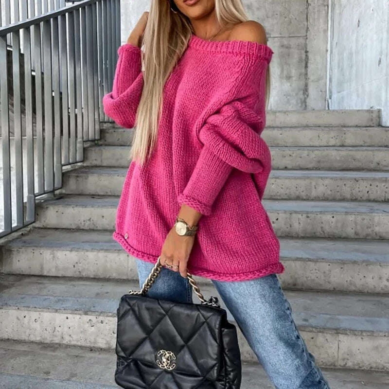 Autumn Winter Commute Loose Off-shoulder Sweater Female Solid Color Long Sleeves O Neck Knitted Pullovers Fashion Party Blouses, Rose Red / S, KIMLUD Women's Clothes