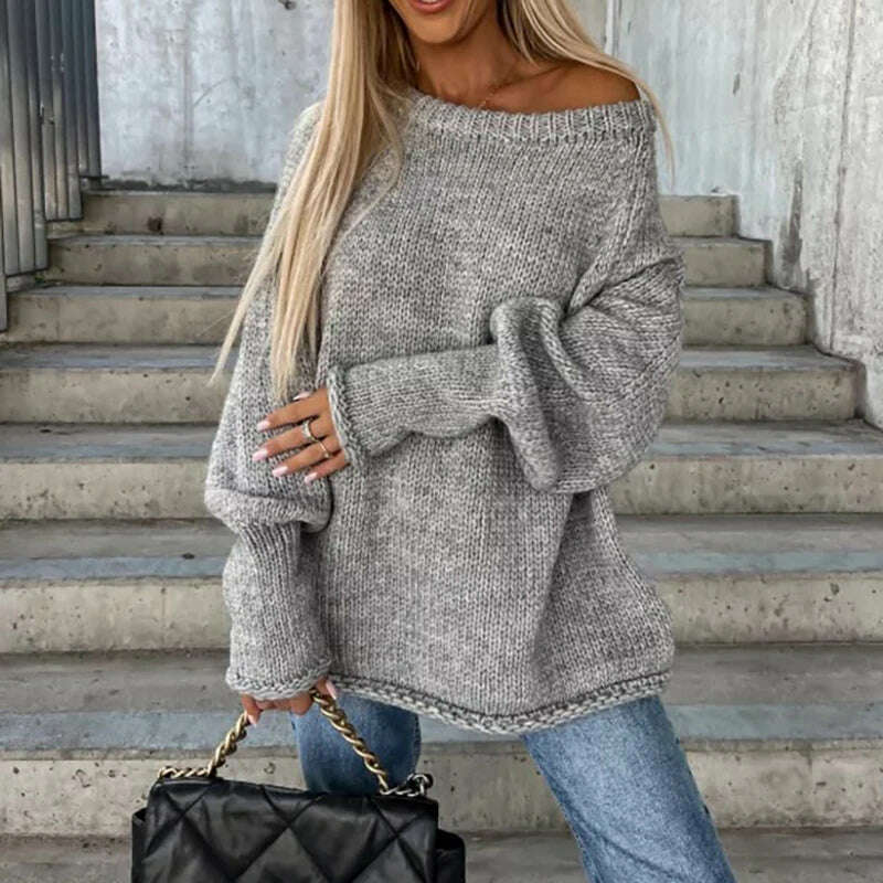 KIMLUD, Autumn Winter Commute Loose Off-shoulder Sweater Female Solid Color Long Sleeves O Neck Knitted Pullovers Fashion Party Blouses, Gray / S, KIMLUD Womens Clothes