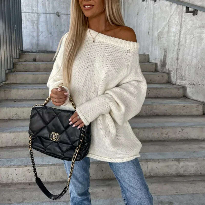 KIMLUD, Autumn Winter Commute Loose Off-shoulder Sweater Female Solid Color Long Sleeves O Neck Knitted Pullovers Fashion Party Blouses, KIMLUD Womens Clothes