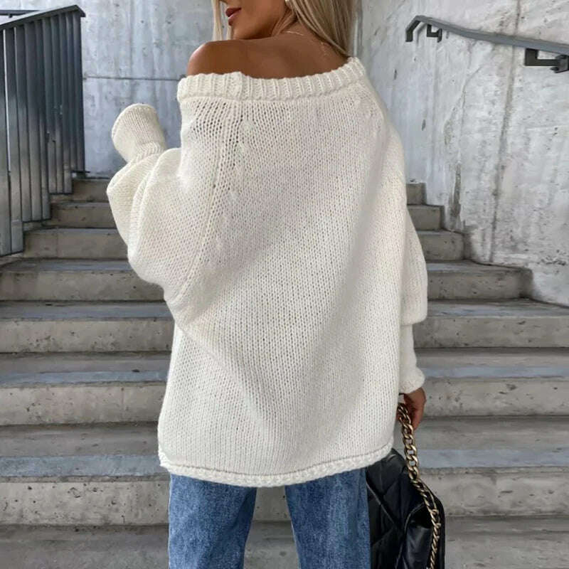 KIMLUD, Autumn Winter Commute Loose Off-shoulder Sweater Female Solid Color Long Sleeves O Neck Knitted Pullovers Fashion Party Blouses, KIMLUD Womens Clothes