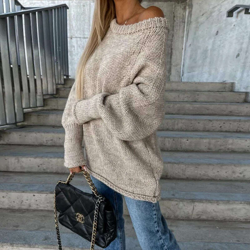 Autumn Winter Commute Loose Off-shoulder Sweater Female Solid Color Long Sleeves O Neck Knitted Pullovers Fashion Party Blouses, Beige White / S, KIMLUD Women's Clothes