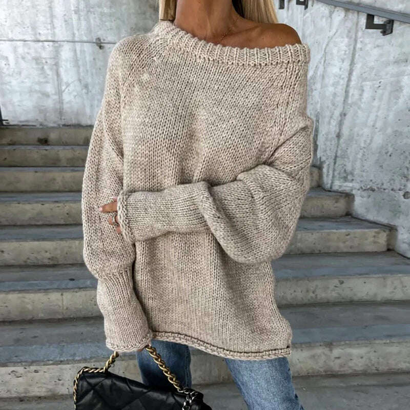 KIMLUD, Autumn Winter Commute Loose Off-shoulder Sweater Female Solid Color Long Sleeves O Neck Knitted Pullovers Fashion Party Blouses, KIMLUD Womens Clothes