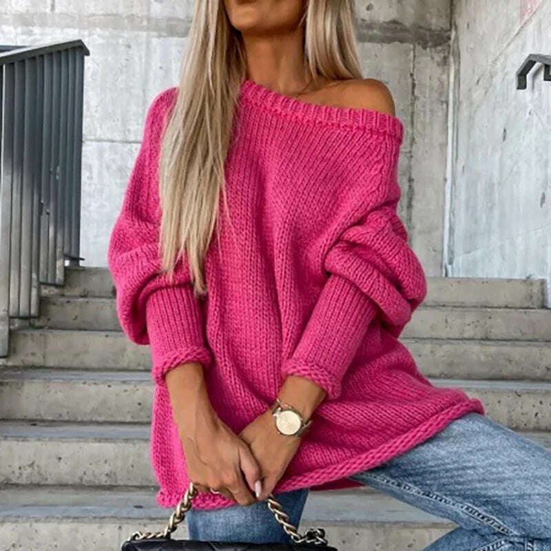 KIMLUD, Autumn Winter Commute Loose Off-shoulder Sweater Female Solid Color Long Sleeves O Neck Knitted Pullovers Fashion Party Blouses, KIMLUD Womens Clothes