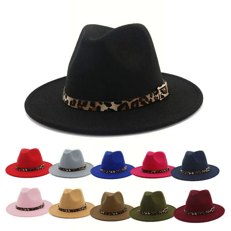 KIMLUD, Autumn Winter Fedora Hats For Men Women Leopard Belt Imitation Woolen Felt Hat Big Brim Jazz Cap Church Godfather Sombrero Caps, KIMLUD Womens Clothes