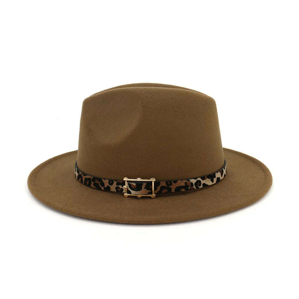 KIMLUD, Autumn Winter Fedora Hats For Men Women Leopard Belt Imitation Woolen Felt Hat Big Brim Jazz Cap Church Godfather Sombrero Caps, KIMLUD Womens Clothes