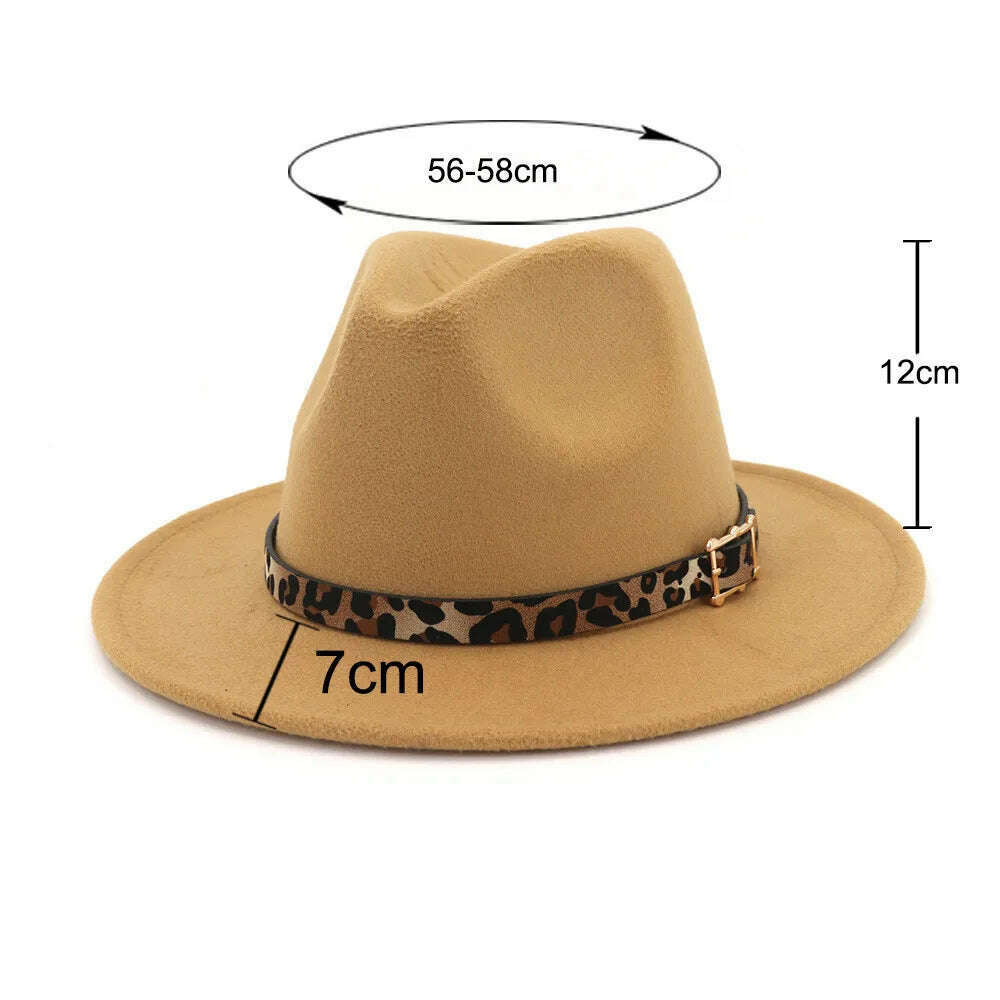 KIMLUD, Autumn Winter Fedora Hats For Men Women Leopard Belt Imitation Woolen Felt Hat Big Brim Jazz Cap Church Godfather Sombrero Caps, KIMLUD Womens Clothes