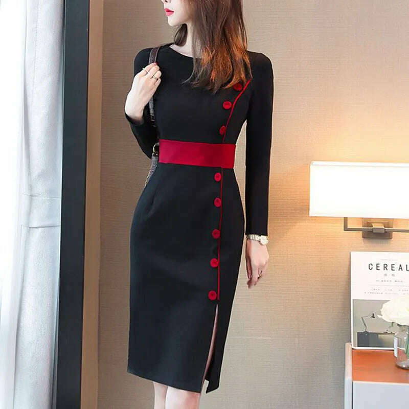 KIMLUD, Autumn Winter High Waist Buttons Bodycon Dress Women Elegant Fashion Evening Dresses Ladies Temperament Robe Vestido De Fiesta, Black / S, KIMLUD Womens Clothes