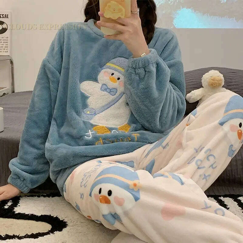 Autumn Winter Kawaii Cartoon Pajama Sets Women Pyjamas Plaid Flannel Loung Sleepwear Girl Pijama Mujer Night Suits Homewear PJ - KIMLUD