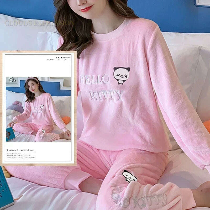 KIMLUD, Autumn Winter Kawaii Cartoon Pajama Sets Women Pyjamas Plaid Flannel Loung Sleepwear Girl Pijama Mujer Night Suits Homewear PJ, W3 POCKETLESS / M / CHINA, KIMLUD Women's Clothes
