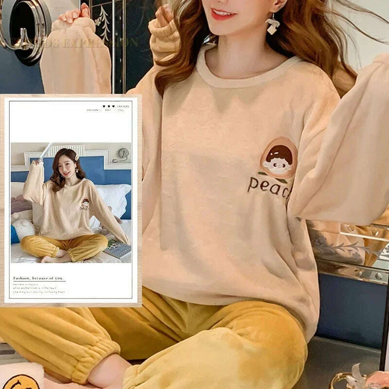 KIMLUD, Autumn Winter Kawaii Cartoon Pajama Sets Women Pyjamas Plaid Flannel Loung Sleepwear Girl Pijama Mujer Night Suits Homewear PJ, W8 POCKETLESS / M / CHINA, KIMLUD Women's Clothes