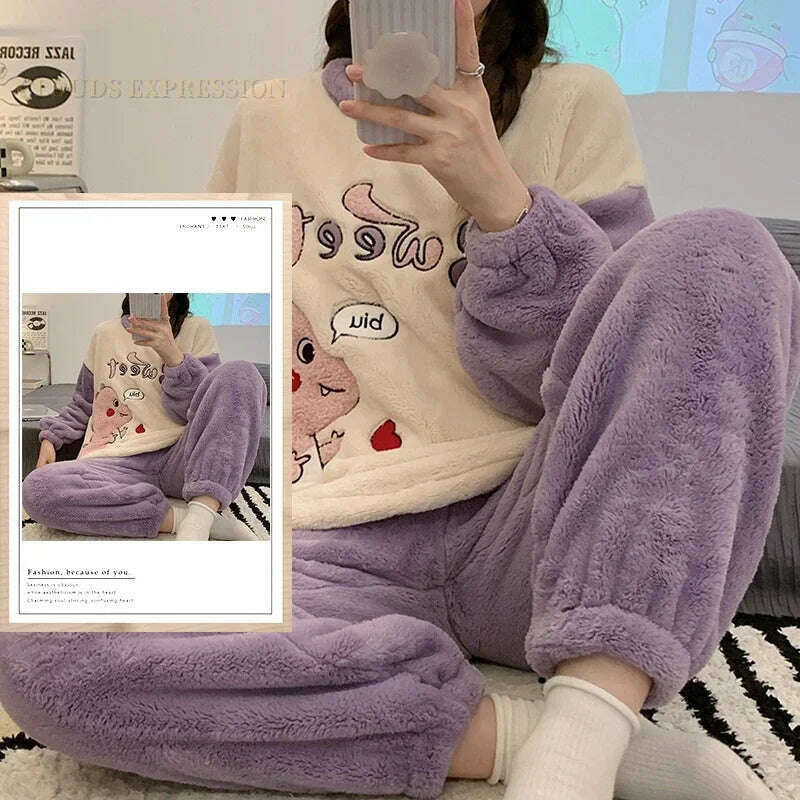 KIMLUD, Autumn Winter Kawaii Cartoon Pajama Sets Women Pyjamas Plaid Flannel Loung Sleepwear Girl Pijama Mujer Night Suits Homewear PJ, W18 NO POCKET / M / CHINA, KIMLUD Women's Clothes