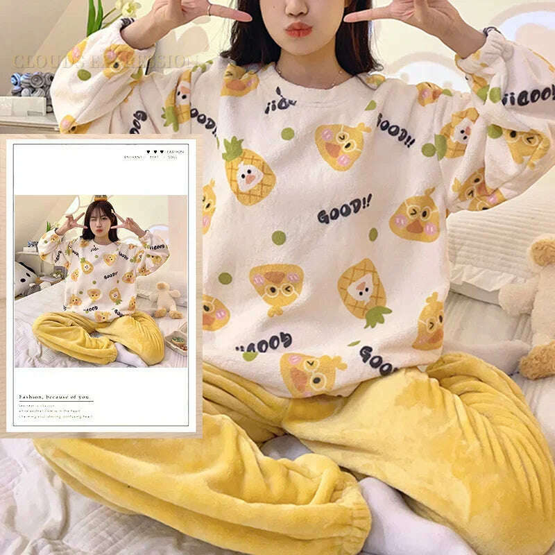 KIMLUD, Autumn Winter Kawaii Cartoon Pajama Sets Women Pyjamas Plaid Flannel Loung Sleepwear Girl Pijama Mujer Night Suits Homewear PJ, W25NO POCKET / M / CHINA, KIMLUD Women's Clothes