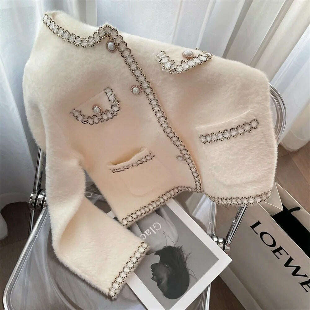 KIMLUD, Autumn Winter Korean O-Neck Loose Knitted Cardigan Female Fashion Outwear Elegant Imitation Mink Cashmere Sweater Jacket Women, KIMLUD Womens Clothes