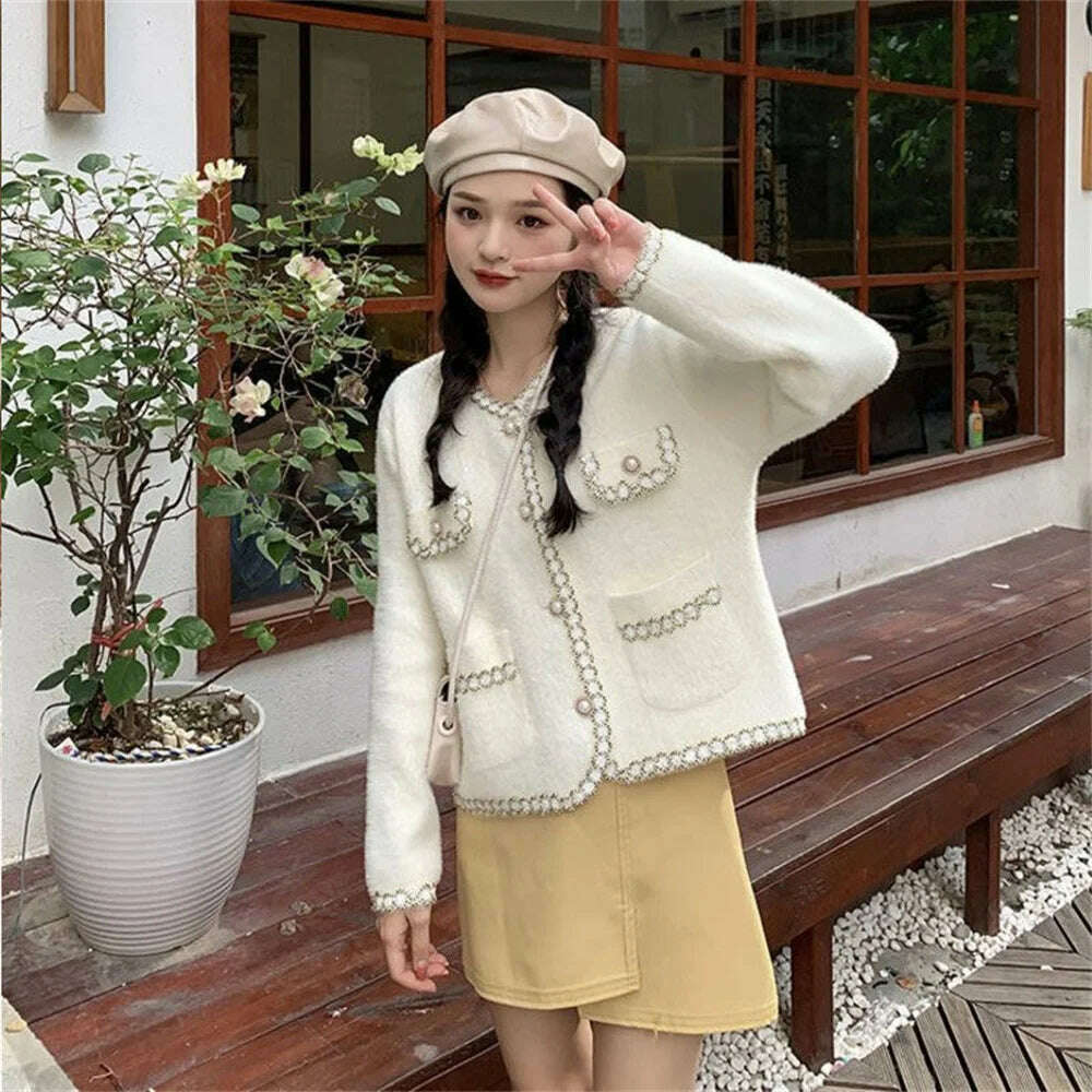 KIMLUD, Autumn Winter Korean O-Neck Loose Knitted Cardigan Female Fashion Outwear Elegant Imitation Mink Cashmere Sweater Jacket Women, KIMLUD Womens Clothes