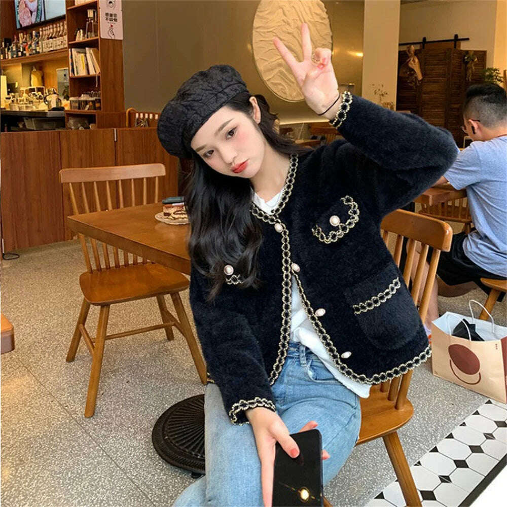 KIMLUD, Autumn Winter Korean O-Neck Loose Knitted Cardigan Female Fashion Outwear Elegant Imitation Mink Cashmere Sweater Jacket Women, KIMLUD Womens Clothes