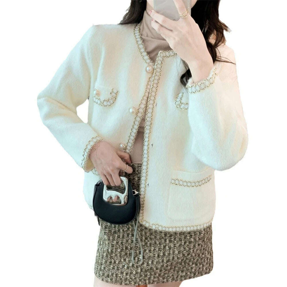 KIMLUD, Autumn Winter Korean O-Neck Loose Knitted Cardigan Female Fashion Outwear Elegant Imitation Mink Cashmere Sweater Jacket Women, KIMLUD Womens Clothes