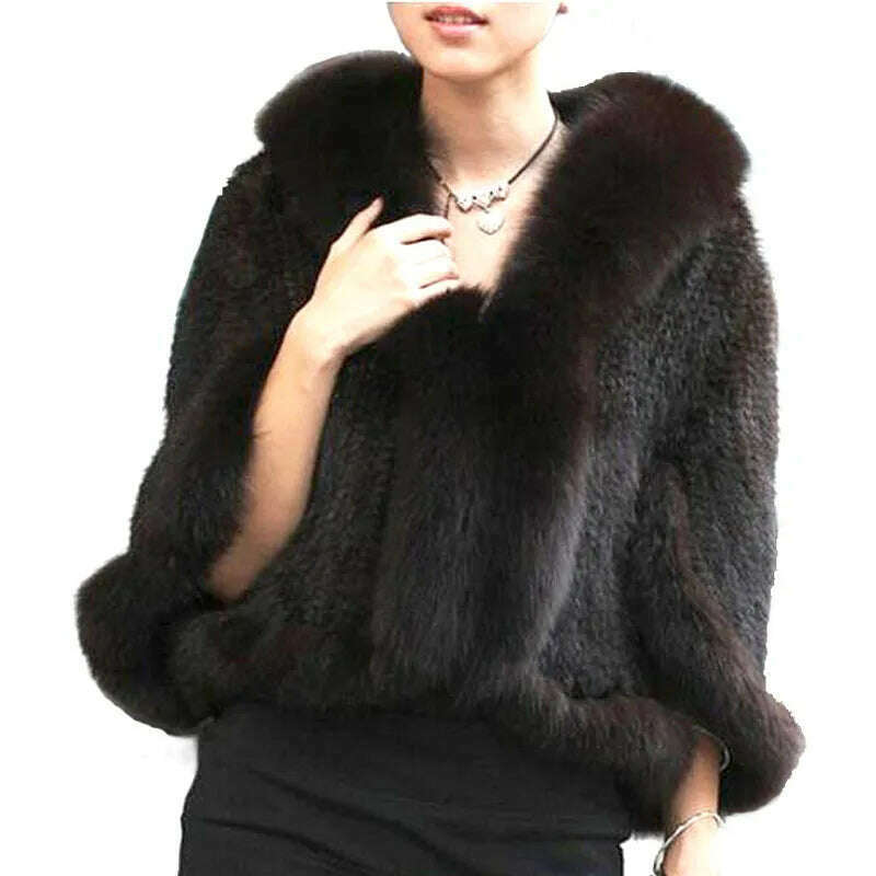 Autumn Winter Ladies' Genuine Knitted Mink Fur Shawls Fox Fur Collar Women Fur Pashmina Wraps Bridal Cape Coat Jacket, KIMLUD Women's Clothes