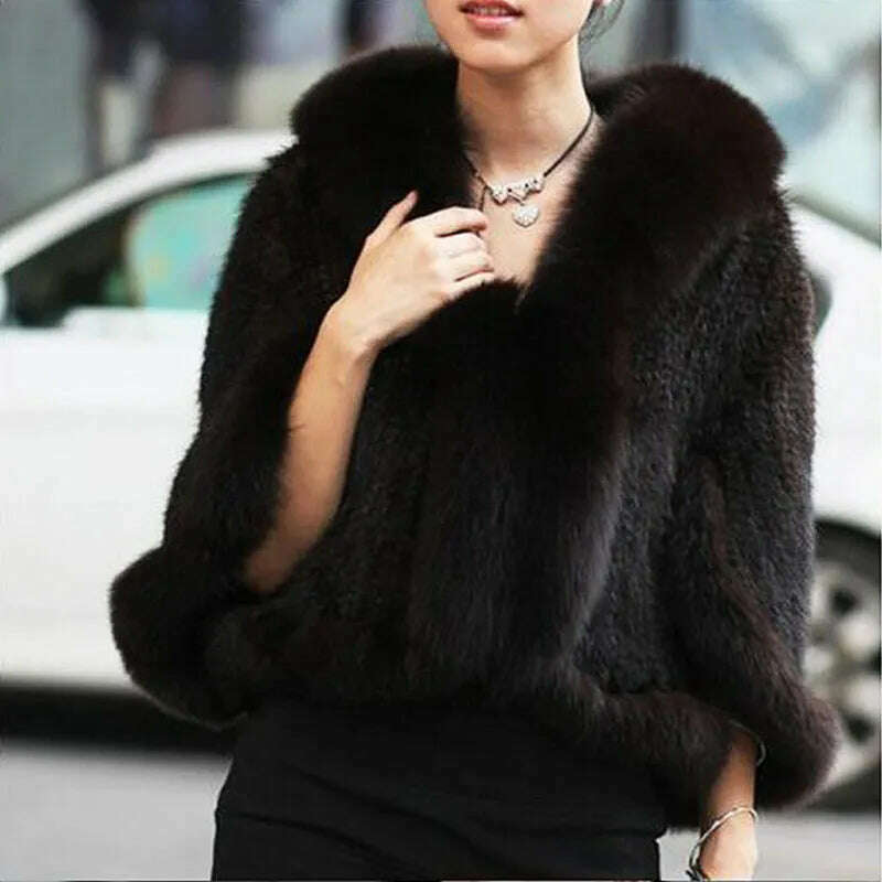 KIMLUD, Autumn Winter Ladies' Genuine Knitted Mink Fur Shawls Fox Fur Collar Women Fur Pashmina Wraps Bridal Cape Coat Jacket, Brown / free, KIMLUD Women's Clothes