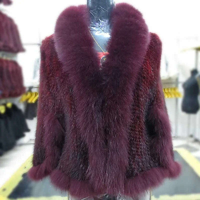 KIMLUD, Autumn Winter Ladies' Genuine Knitted Mink Fur Shawls Fox Fur Collar Women Fur Pashmina Wraps Bridal Cape Coat Jacket, Red wine / free, KIMLUD Women's Clothes