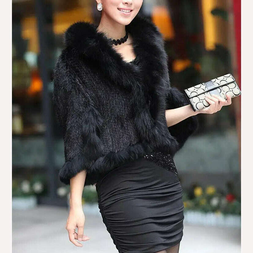 KIMLUD, Autumn Winter Ladies' Genuine Knitted Mink Fur Shawls Fox Fur Collar Women Fur Pashmina Wraps Bridal Cape Coat Jacket, Black / free, KIMLUD Womens Clothes