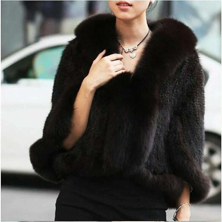 KIMLUD, Autumn Winter Ladies' Genuine Knitted Mink Fur Shawls Fox Fur Collar Women Fur Pashmina Wraps Bridal Cape Coat Jacket, KIMLUD Women's Clothes