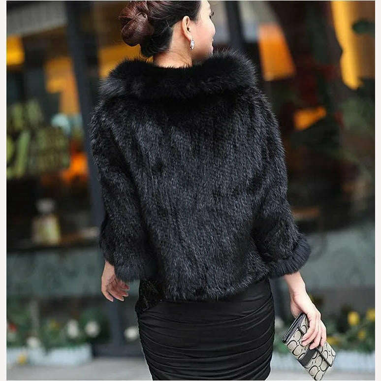 KIMLUD, Autumn Winter Ladies' Genuine Knitted Mink Fur Shawls Fox Fur Collar Women Fur Pashmina Wraps Bridal Cape Coat Jacket, KIMLUD Women's Clothes