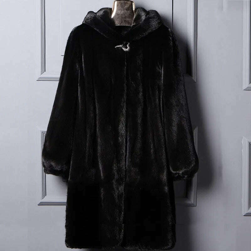 KIMLUD, Autumn Winter Long Warm Faux Fur Coat Women Imitation Mink Overcoat Female Soft Hooded Faux Mink Fur Parkas Jacket Plus Size 9XL, Black / S, KIMLUD Womens Clothes