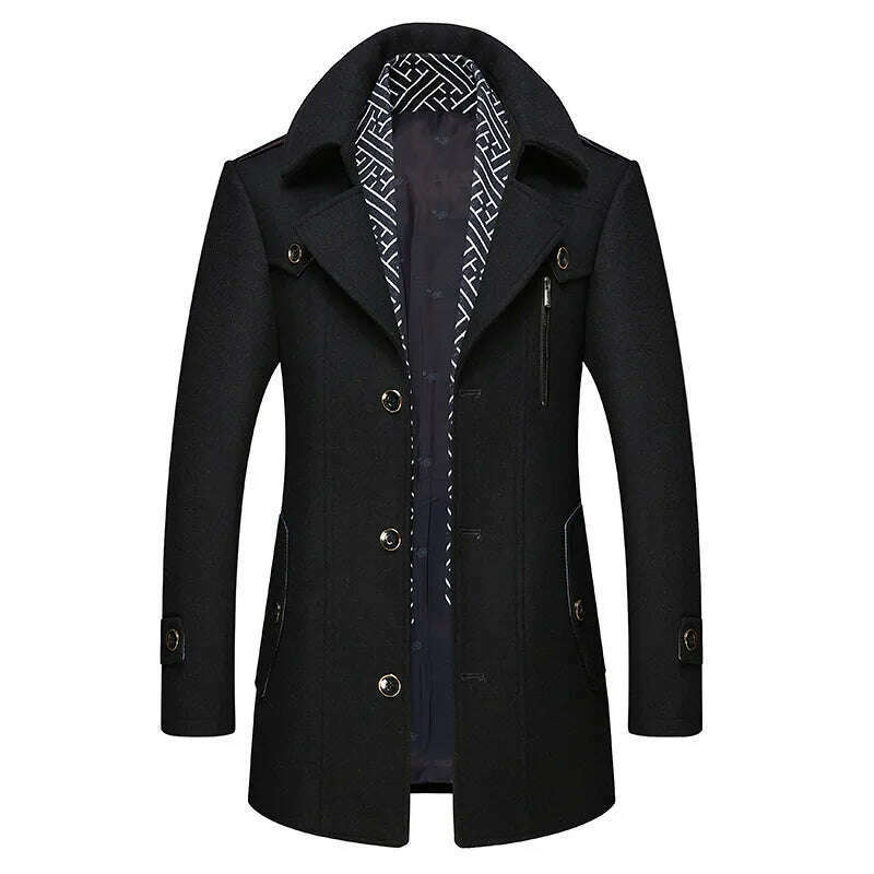 KIMLUD, Autumn Winter Mens Wool Trench Coats Fashion Middle Long Jacket Male Double Collar Zipper Coat Windbreak Woolen Overcoat, black / M, KIMLUD Womens Clothes