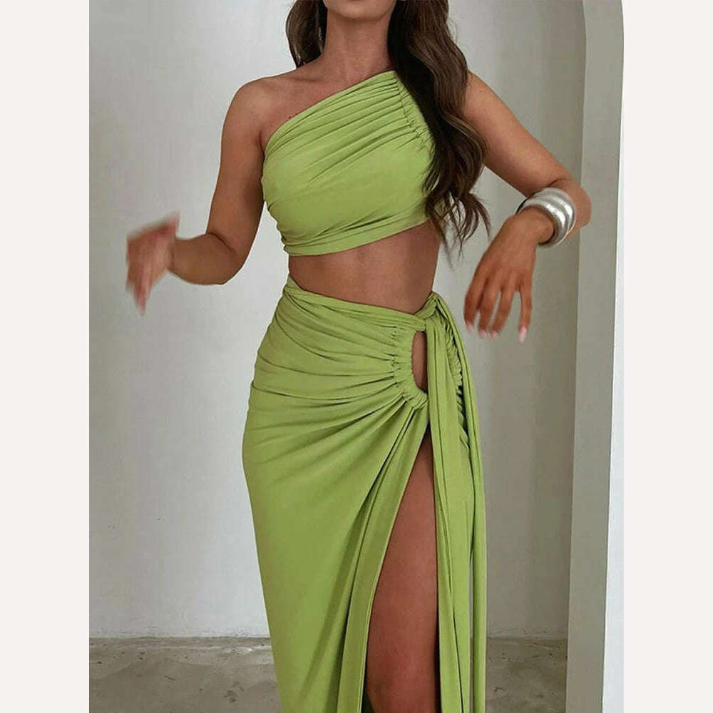 Autumn Winter One Shoulder Bodycon Dress Suits Women Backless Crop Top Split Long Skirt Two Piece Matching Sets Outfits Party - KIMLUD