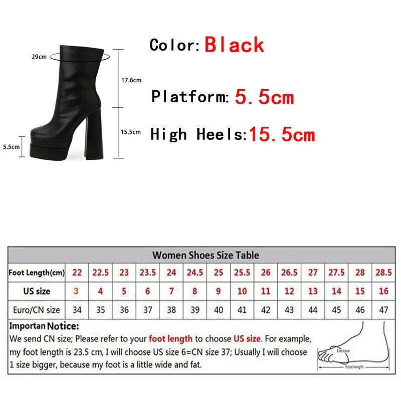 KIMLUD, Autumn Winter Sexy Chunky High Heels Platform Ankle Boots For Women Thick Bottom Square Toe Zip Riding Shoes, KIMLUD Women's Clothes