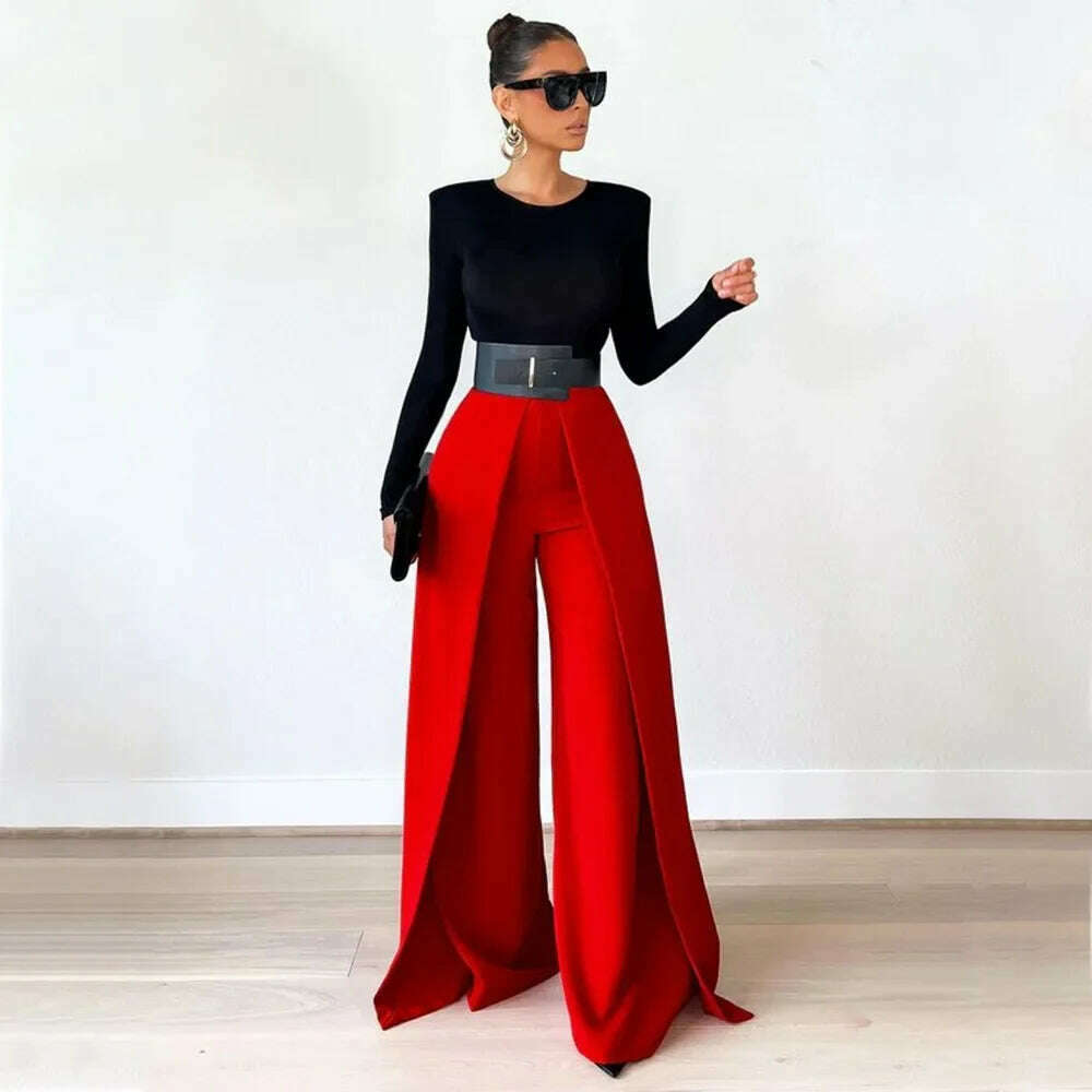 KIMLUD, Autumn Winter Solid Color Casual Wide Leg Pants Women Asymmetric  Casual High Waisted Wide Leg Pants Floor Length for Women, KIMLUD Womens Clothes