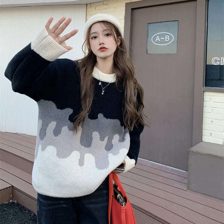 KIMLUD, Autumn Winter Thick Sweater Ladies O-neck Sweater Long Sleeve Loose Casual Korean Style Klein Blue Top Women Jumper Femme 2022, Thickening Black / One Size, KIMLUD Women's Clothes