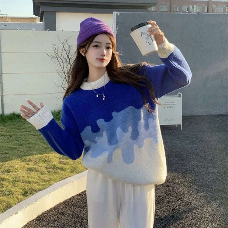KIMLUD, Autumn Winter Thick Sweater Ladies O-neck Sweater Long Sleeve Loose Casual Korean Style Klein Blue Top Women Jumper Femme 2022, Blue / One Size, KIMLUD Women's Clothes