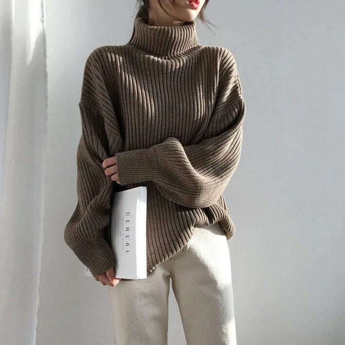 KIMLUD, Autumn Winter Turtleneck Sweater Women Pullover Korean Fashion Long Sleeve Knitwear Sweaters For Women 2023 Ladies Tops Loose, brown / One Size, KIMLUD Womens Clothes