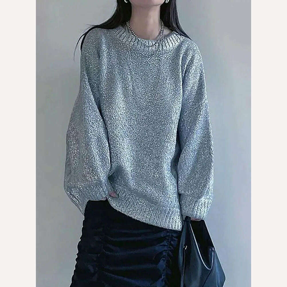 Autumn Winter Women Fashion Gold Color Sweaters Causal Long Sleeve Bright Silk Knit Pullover Elegant Office Ladies Loose Jumpers - KIMLUD