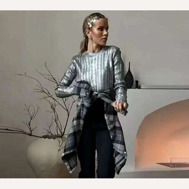Autumn Winter Women Fashion Gold Color Sweaters Causal Long Sleeve Bright Silk Knit Pullover Elegant Office Ladies Loose Jumpers - KIMLUD
