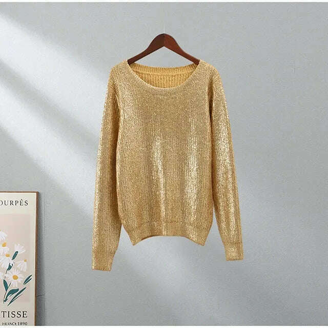 Autumn Winter Women Fashion Gold Color Sweaters Causal Long Sleeve Bright Silk Knit Pullover Elegant Office Ladies Loose Jumpers - KIMLUD