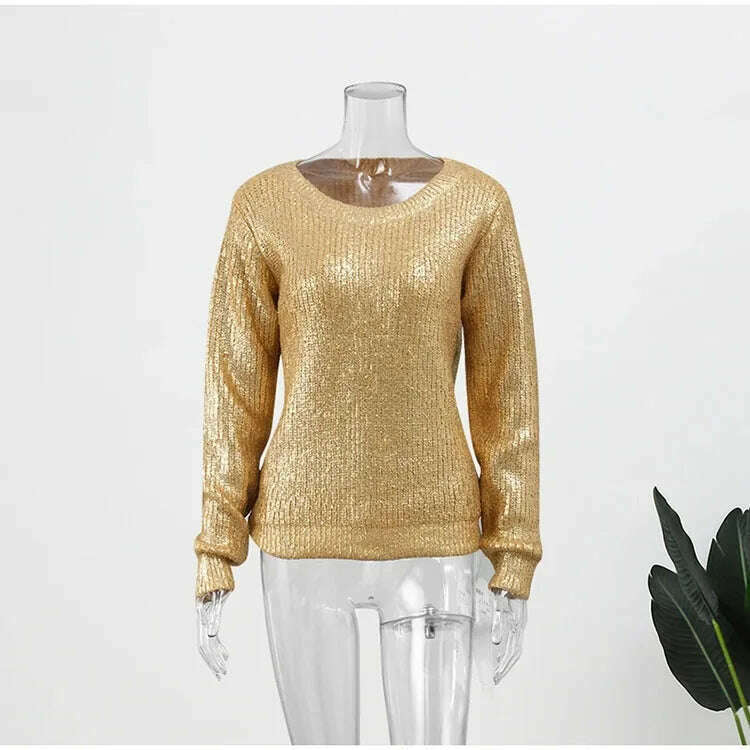 Autumn Winter Women Fashion Gold Color Sweaters Causal Long Sleeve Bright Silk Knit Pullover Elegant Office Ladies Loose Jumpers - KIMLUD