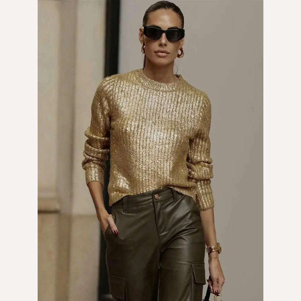 Autumn Winter Women Fashion Gold Color Sweaters Causal Long Sleeve Bright Silk Knit Pullover Elegant Office Ladies Loose Jumpers - KIMLUD