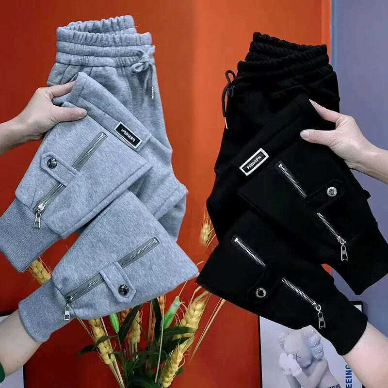 Autumn Winter Women Pants Add Velvet Pants Elastic Waist Zipper Guard Harem Pants Casual Sports Trousers Female Harem Pants - KIMLUD