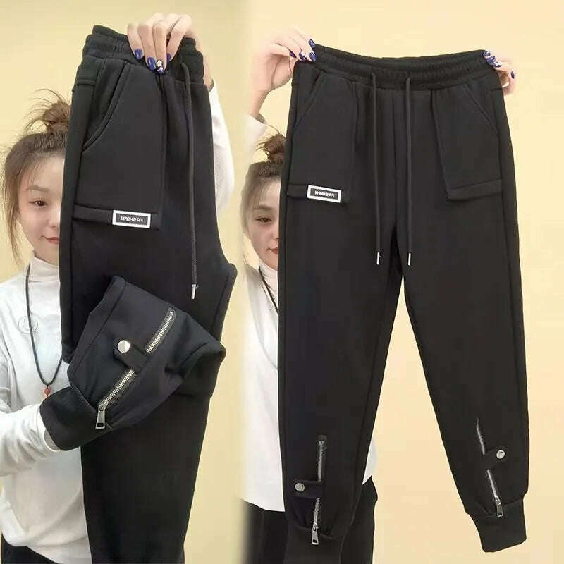 Autumn Winter Women Pants Add Velvet Pants Elastic Waist Zipper Guard Harem Pants Casual Sports Trousers Female Harem Pants - KIMLUD