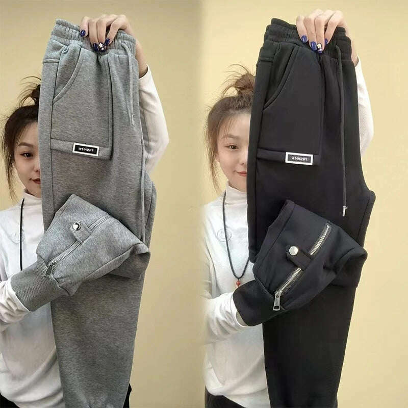 Autumn Winter Women Pants Add Velvet Pants Elastic Waist Zipper Guard Harem Pants Casual Sports Trousers Female Harem Pants - KIMLUD