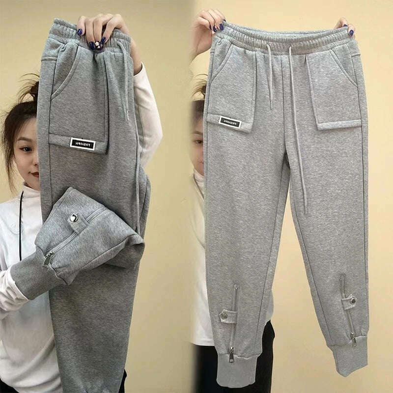 Autumn Winter Women Pants Add Velvet Pants Elastic Waist Zipper Guard Harem Pants Casual Sports Trousers Female Harem Pants - KIMLUD