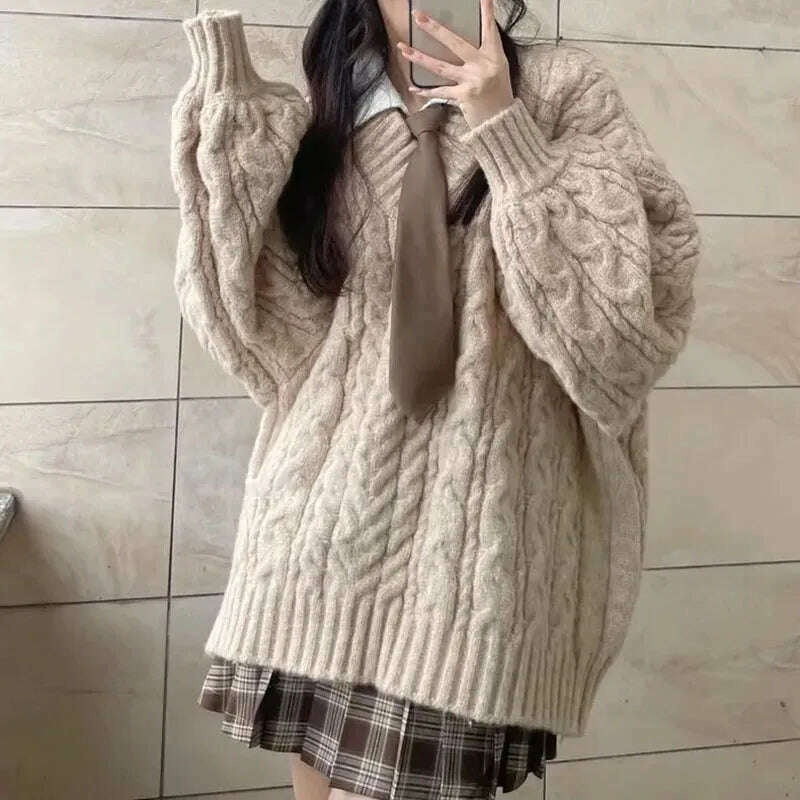 KIMLUD, Autumn Winter Women Sweater Harajuku Oversized Long Sleeve V Neck Knitted Pullover Korean Loose Solid Preppy All Match Jumper, Khaki / S, KIMLUD Women's Clothes
