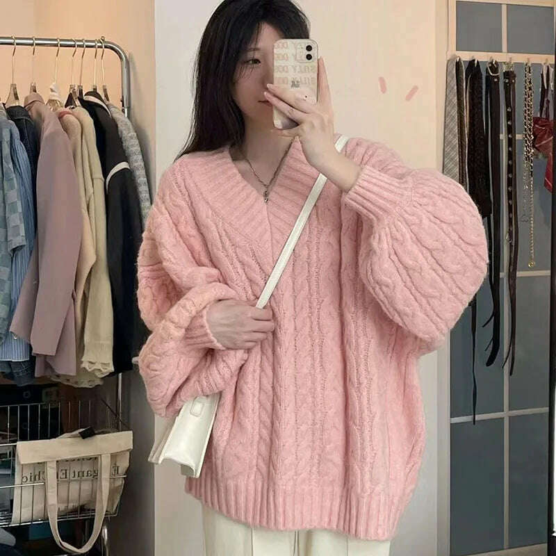 KIMLUD, Autumn Winter Women Sweater Harajuku Oversized Long Sleeve V Neck Knitted Pullover Korean Loose Solid Preppy All Match Jumper, Pink / S, KIMLUD Women's Clothes